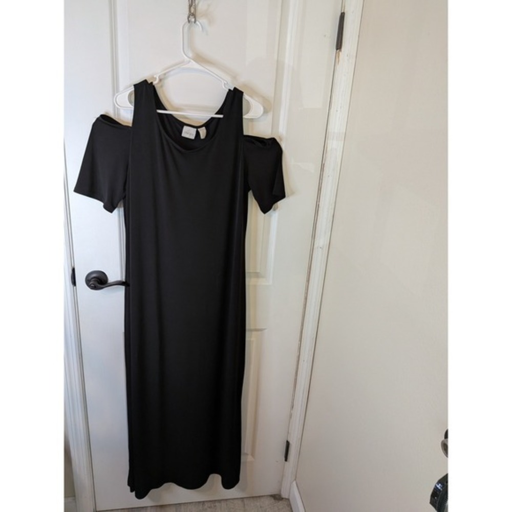 Chicos Black Cold Shoulder Maxi Dress Short Sleeve Scoop Neck Size 2 Large
